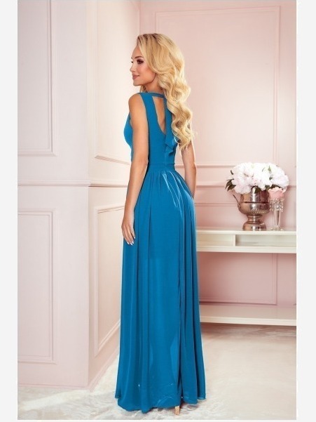 362-4 JUSTINE Dlhé šaty s výstrihom a zaväzovaním - modré