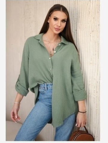 Bavlnená mušelínová košeľa oversize khaki