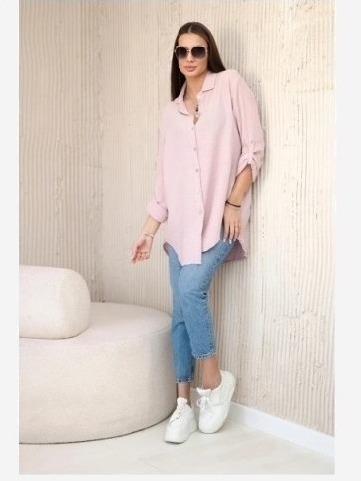 Bavlnená mušelínová košeľa oversize tmavá púdrová ružová