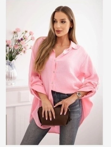 Bavlnená mušelínová košeľa Plus Size cukríková ružová
