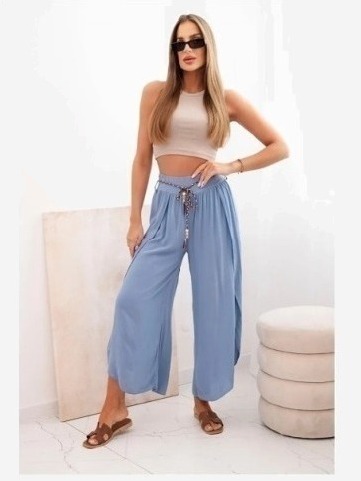 Dámske viskózové nohavice s rozparkom na nohaviciach denim