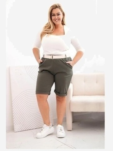 Dámske bavlnené šortky Plus Size s opaskom khaki