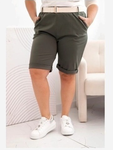 Dámske bavlnené šortky Plus Size s opaskom khaki