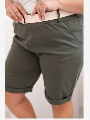 Dámske bavlnené šortky Plus Size s opaskom khaki