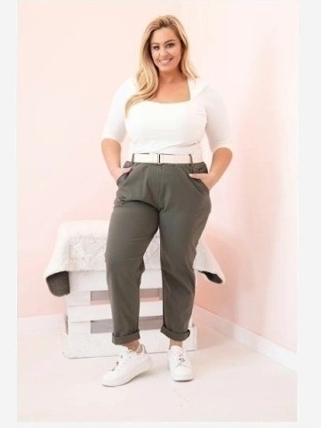 Dámske bavlnené nohavice Plus Size s opaskom khaki