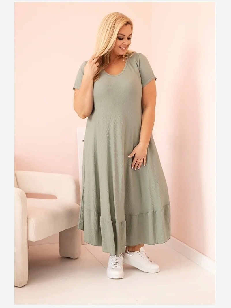 Dámske šaty plus size s krátkym rukávom a volánom z ľahkej viskózy khaki