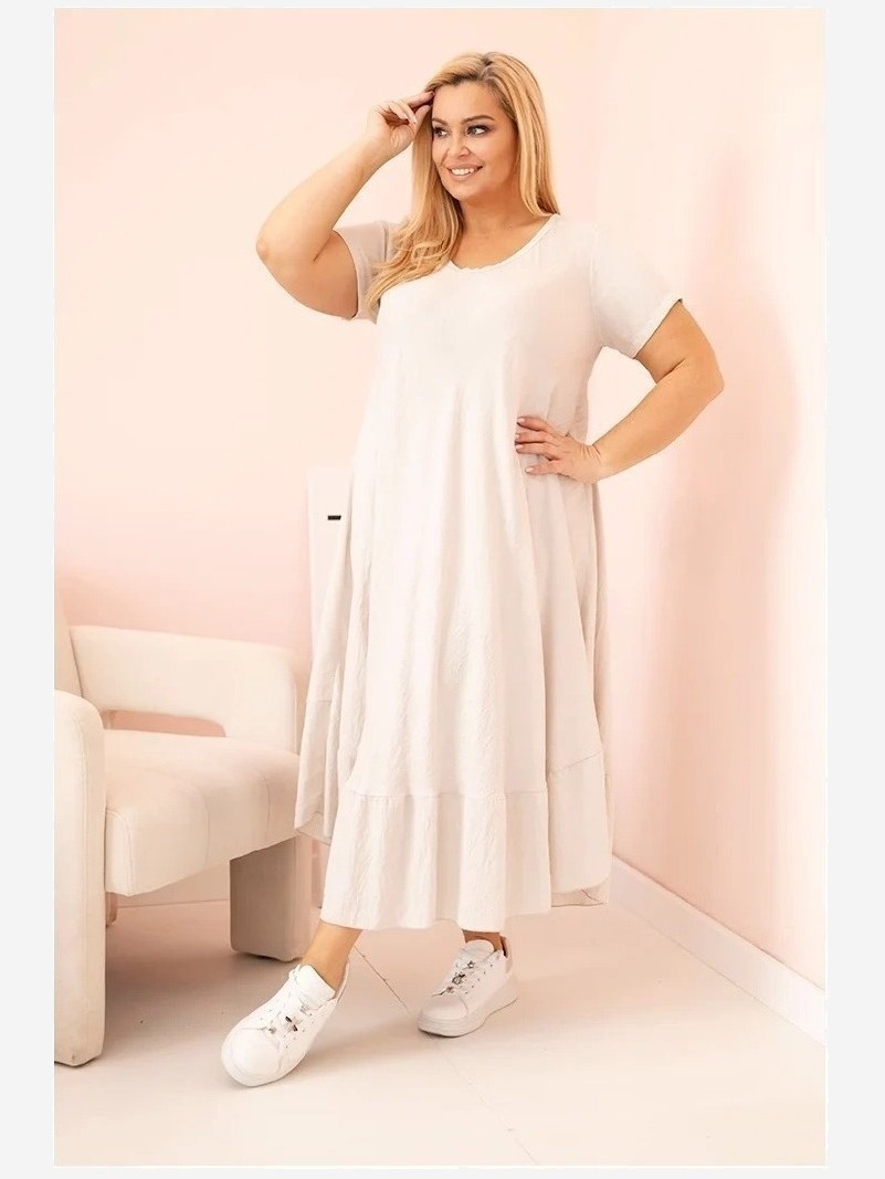Dámske šaty plus size s krátkym rukávom a volánom z ľahkej viskózy béžová