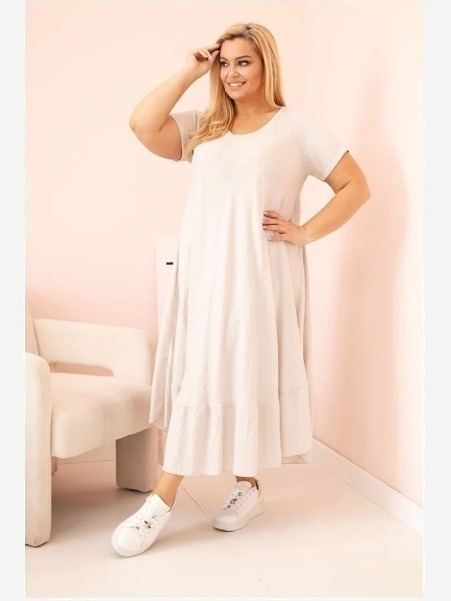 Dámske šaty plus size s krátkym rukávom a volánom z ľahkej viskózy béžová