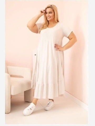 Dámske šaty plus size s krátkym rukávom a volánom z ľahkej viskózy béžová