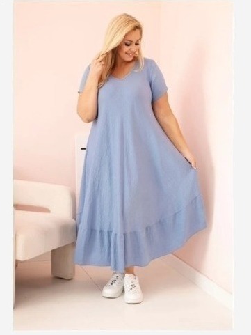 Dámske šaty plus size s krátkym rukávom a volánom z ľahkej viskózy džínsová