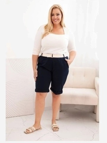 Dámske bavlnené šortky Plus Size s opaskom tmavomodrá