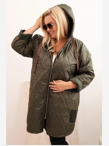 Dámska bunda Plus Size prešívaná s kapucňou a nápisom HOPE khaki