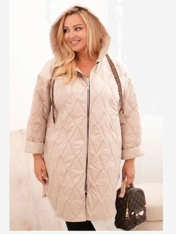 Dámska bunda Plus Size prešívaná s kapucňou a nápisom HOPE tmavo béžová