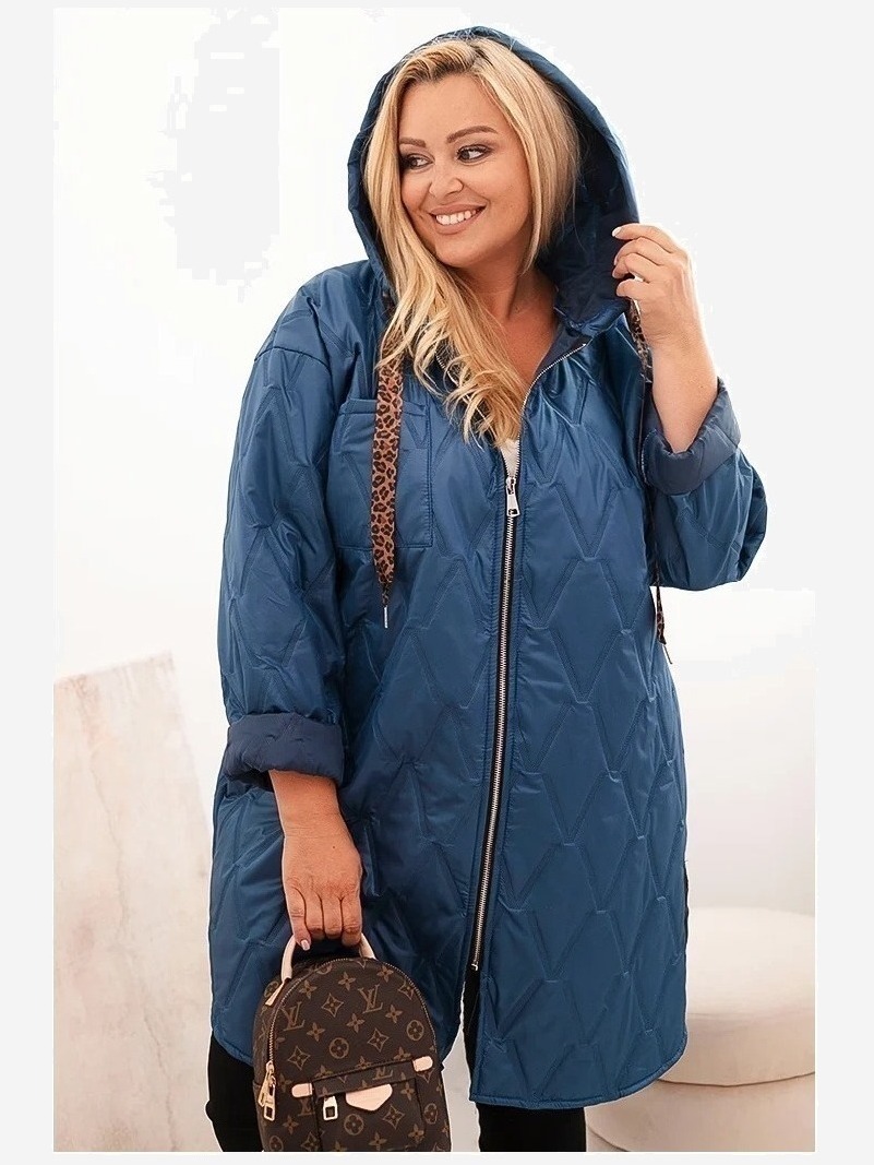 Dámska bunda Plus Size prešívaná s kapucňou a nápisom HOPE džínová