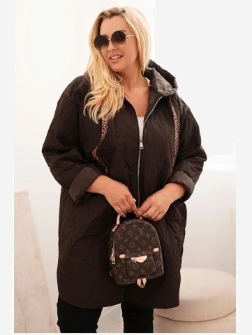 Dámska bunda Plus Size prešívaná s kapucňou a nápisom HOPE hnedá