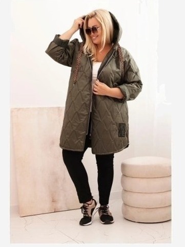 Dámska bunda Plus Size prešívaná s kapucňou a nápisom HOPE khaki