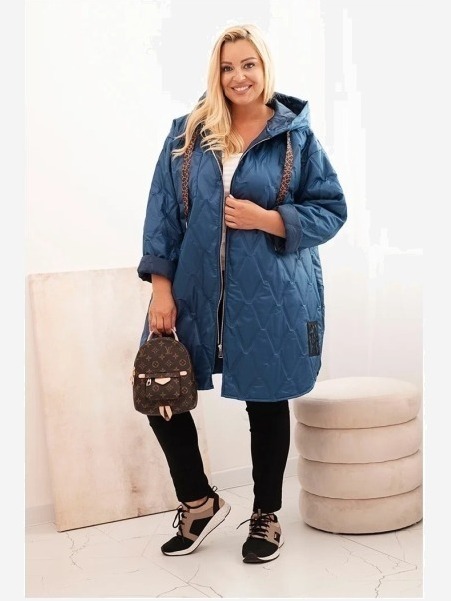Dámska bunda Plus Size prešívaná s kapucňou a nápisom HOPE džínová