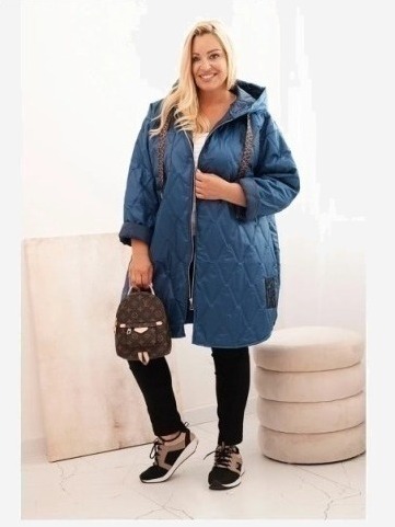 Dámska bunda Plus Size prešívaná s kapucňou a nápisom HOPE džínová