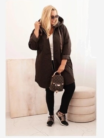 Dámska bunda Plus Size prešívaná s kapucňou a nápisom HOPE hnedá