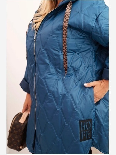 Dámska bunda Plus Size prešívaná s kapucňou a nápisom HOPE džínová