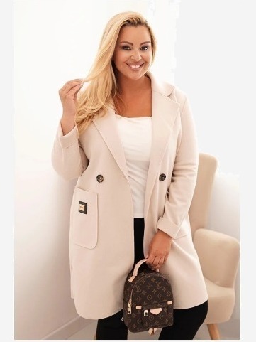 Dámsky elegantný kabát Plus Size s golierom a veľkými vreckami béžový