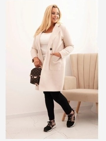 Dámsky elegantný kabát Plus Size s golierom a veľkými vreckami béžový