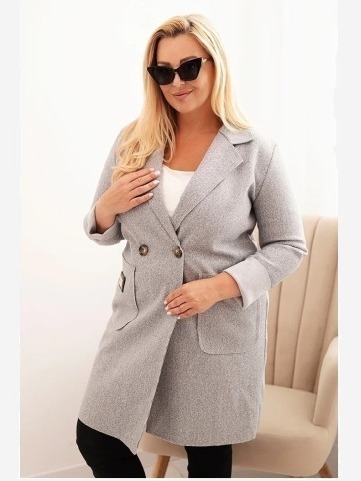 Dámsky elegantný kabát Plus Size s golierom a veľkými vreckami šedý