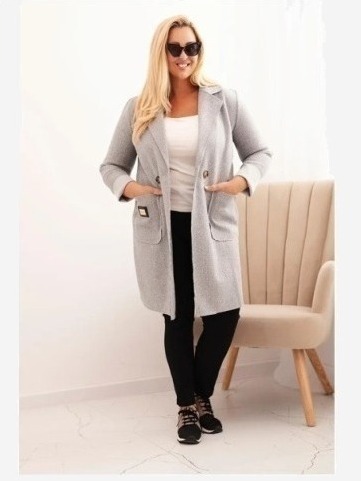 Dámsky elegantný kabát Plus Size s golierom a veľkými vreckami šedý