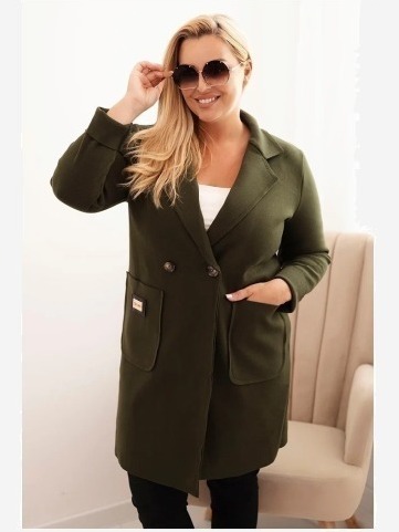 Dámsky elegantný kabát Plus Size s golierom a veľkými vreckami khaki