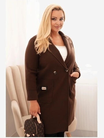 Dámsky elegantný kabát Plus Size s golierom a veľkými vreckami hnedý