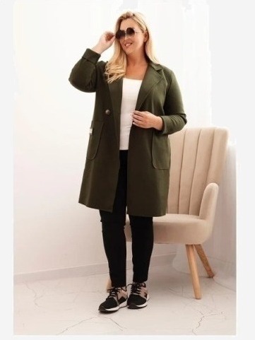 Dámsky elegantný kabát Plus Size s golierom a veľkými vreckami khaki