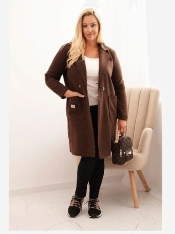 Dámsky elegantný kabát Plus Size s golierom a veľkými vreckami hnedý