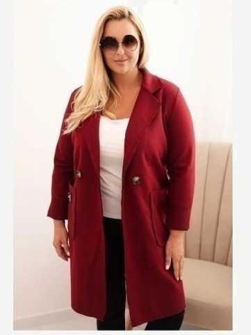 Dámsky elegantný kabát Plus Size s golierom a veľkými vreckami bordový