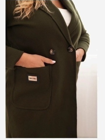 Dámsky elegantný kabát Plus Size s golierom a veľkými vreckami khaki