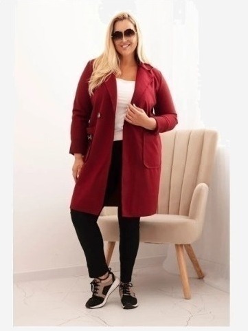 Dámsky elegantný kabát Plus Size s golierom a veľkými vreckami bordový