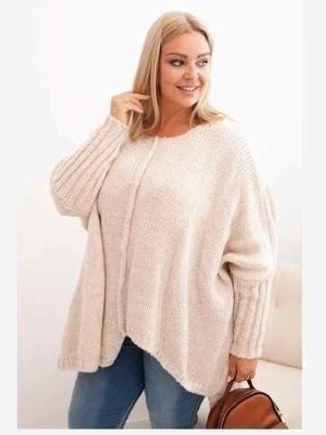Dámsky sveter Plus Size z akrylom s voľným strihom a rukávom 3/4 béžový