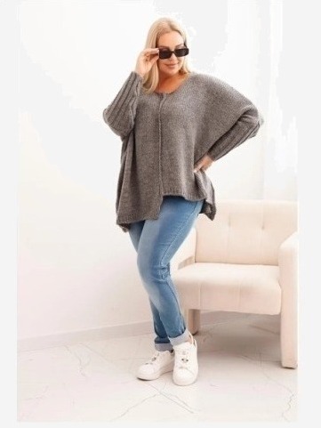 Dámsky sveter Plus Size z akrylom s voľným strihom a rukávom 3/4 grafitový