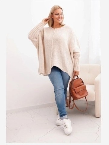 Dámsky sveter Plus Size z akrylom s voľným strihom a rukávom 3/4 béžový
