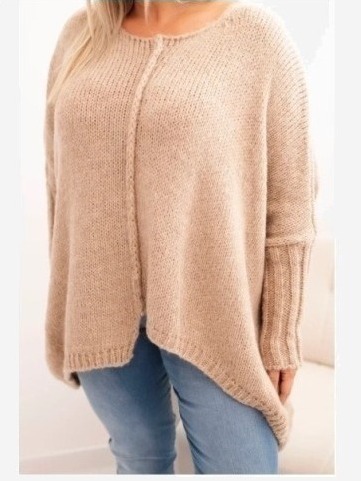 Dámsky sveter Plus Size z akrylom vo voľnom strihu a rukávom 3/4 camelový