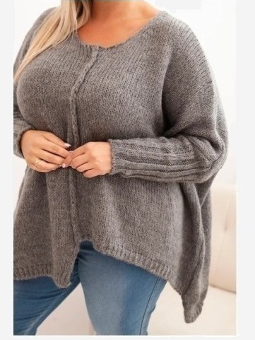 Dámsky sveter Plus Size z akrylom s voľným strihom a rukávom 3/4 grafitový
