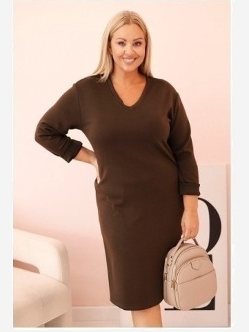Šaty Plus Size maslová s výstrihom do V a rukávom hnedá