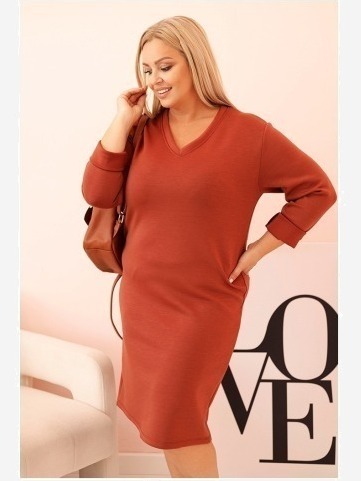 Šaty Plus Size s výstrihom V a rukávom hrdzavá