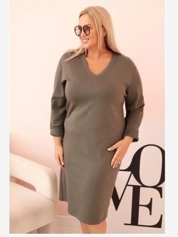 Šaty Plus Size maslová s výstrihom V a rukávom khaki