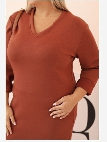 Šaty Plus Size s výstrihom V a rukávom hrdzavá