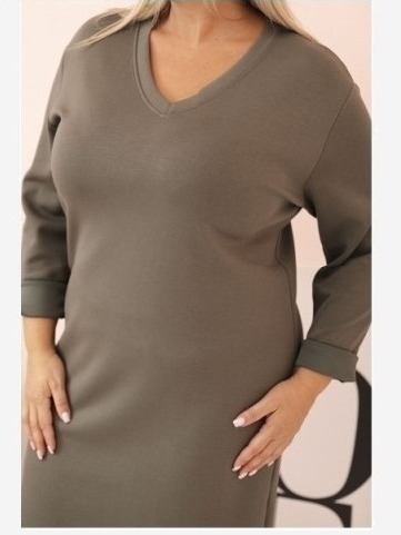 Šaty Plus Size maslová s výstrihom V a rukávom khaki