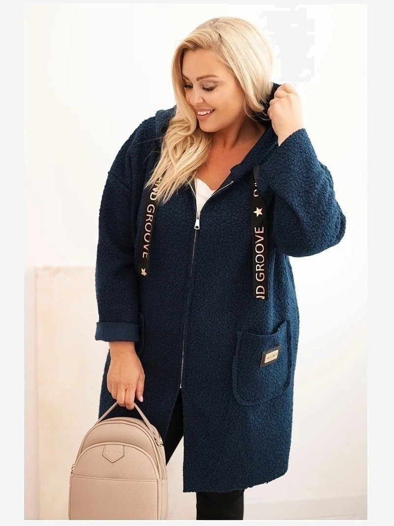 Dámsky kabát Plus Size z umelého baránka s kapucňou a vreckami modrý