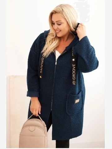 Dámsky kabát Plus Size z umelého baránka s kapucňou a vreckami modrý