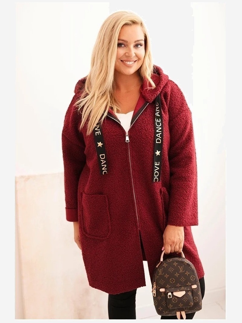 Dámsky kabát Plus Size z umelého baránka s kapucňou a vreckami bordový