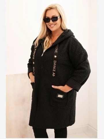 Dámsky kabát Plus Size z umelého baránka s kapucňou a vreckami čierny