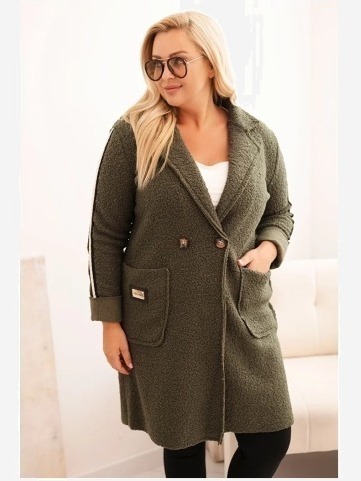 Dámsky kabát Plus Size z umelého baranka s vreckami khaki